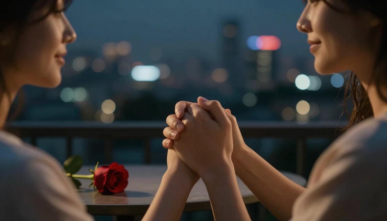 A cinematic close-up shot of a couple holding hands on a bal...