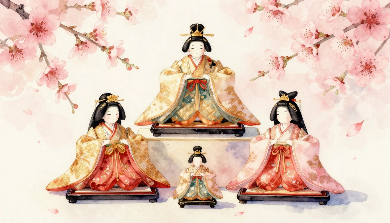 A beautiful watercolor painting of traditional Japanese Hina...