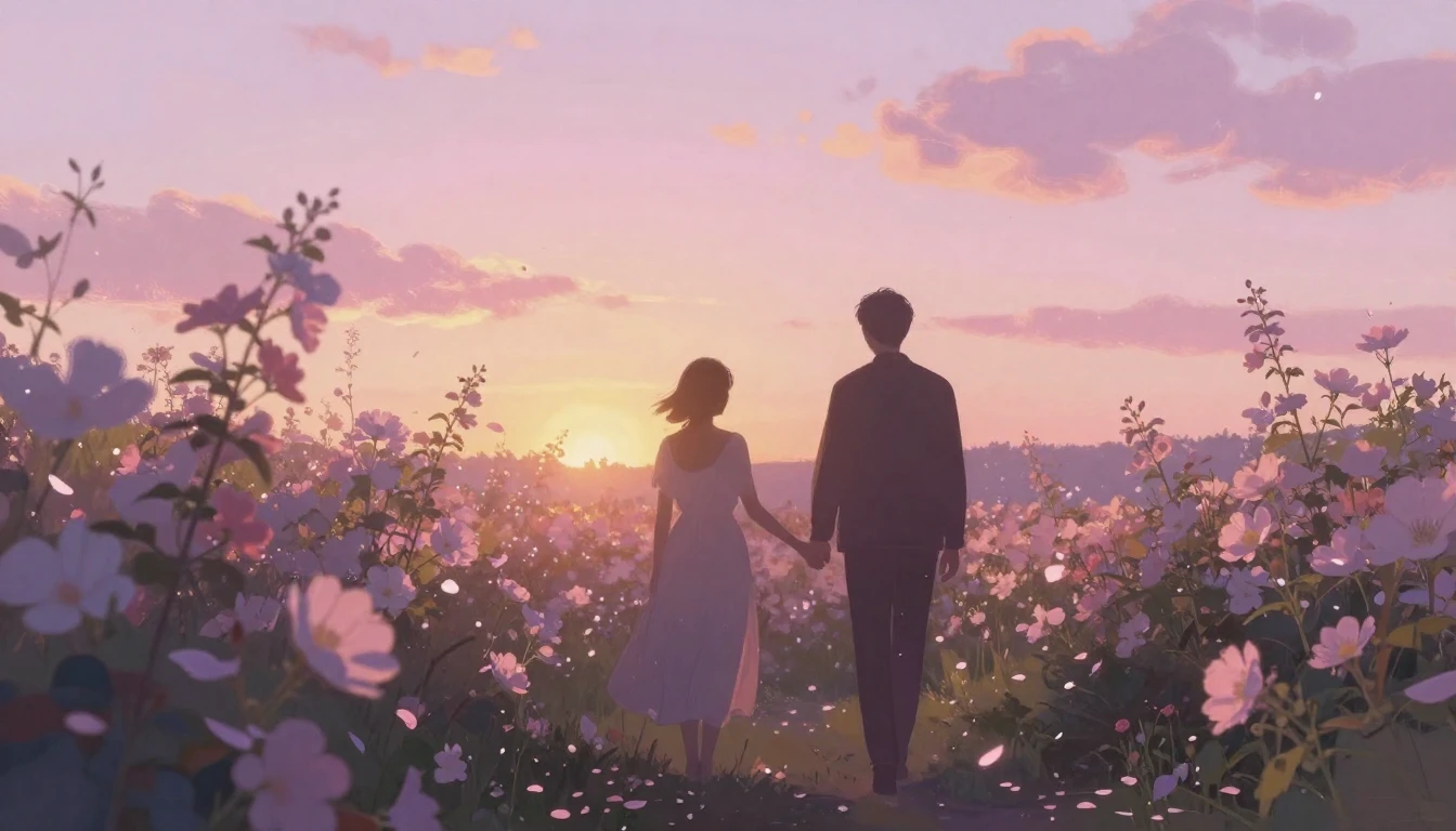 A dreamy and ethereal scene of two silhouettes walking throu...