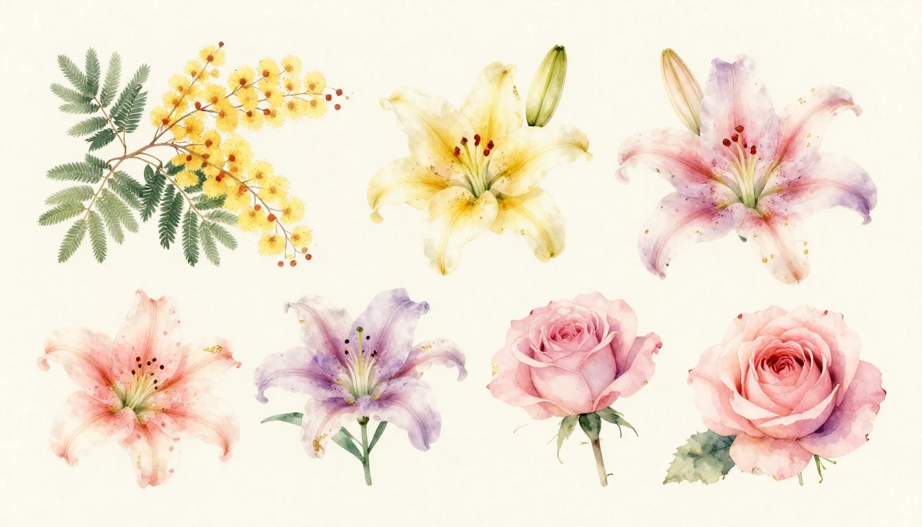 A beautiful watercolor painting of various blooming flowers ...