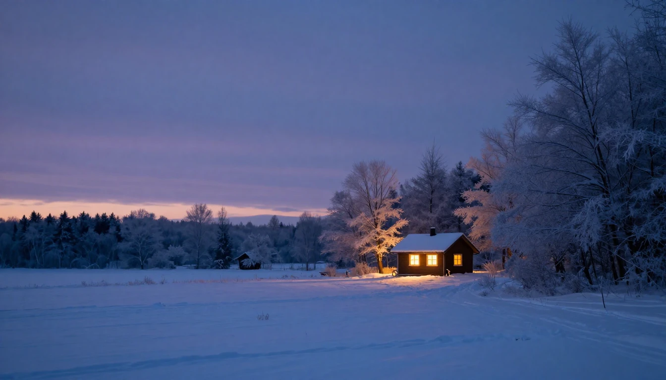 A serene winter landscape at dusk during a quiet February ev...