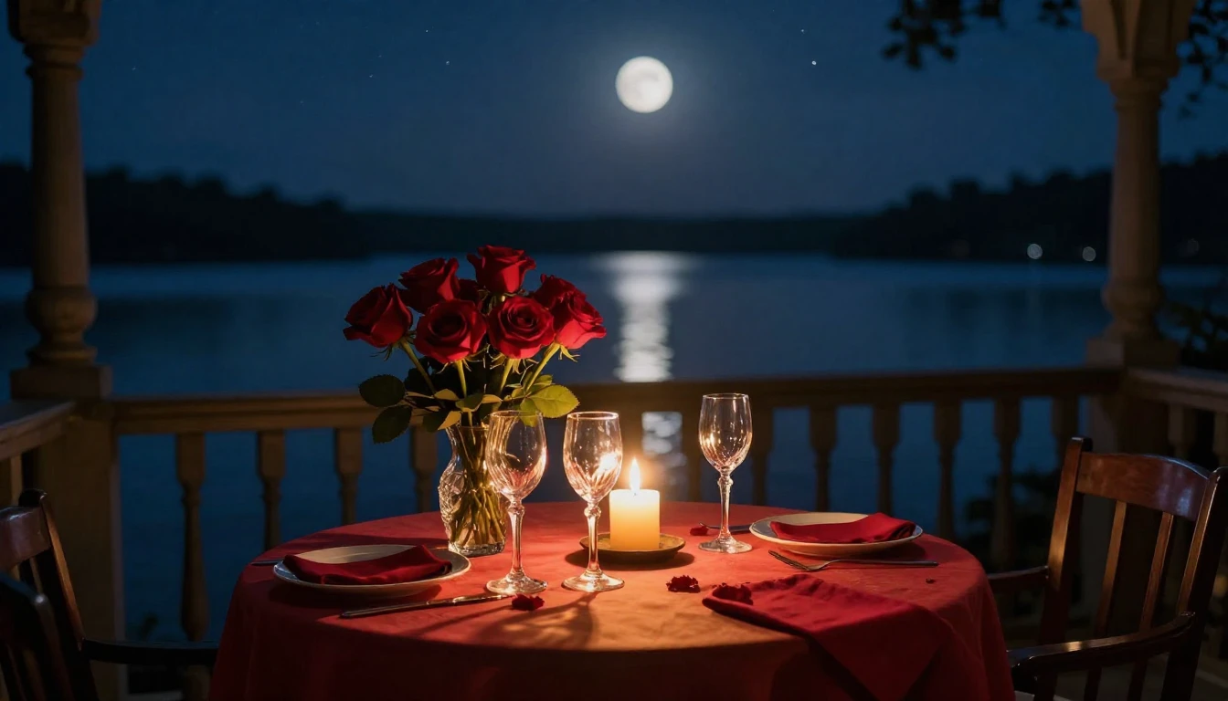 A breathtaking cinematic scene of a candlelit dinner table s...