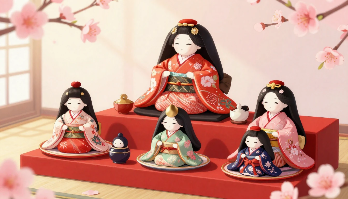 A heartwarming Hinamatsuri illustration, traditional Japanes...