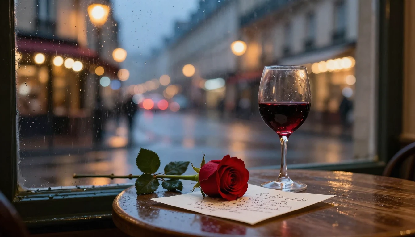 A romantic scene in a rainy Parisian street at night, viewed...