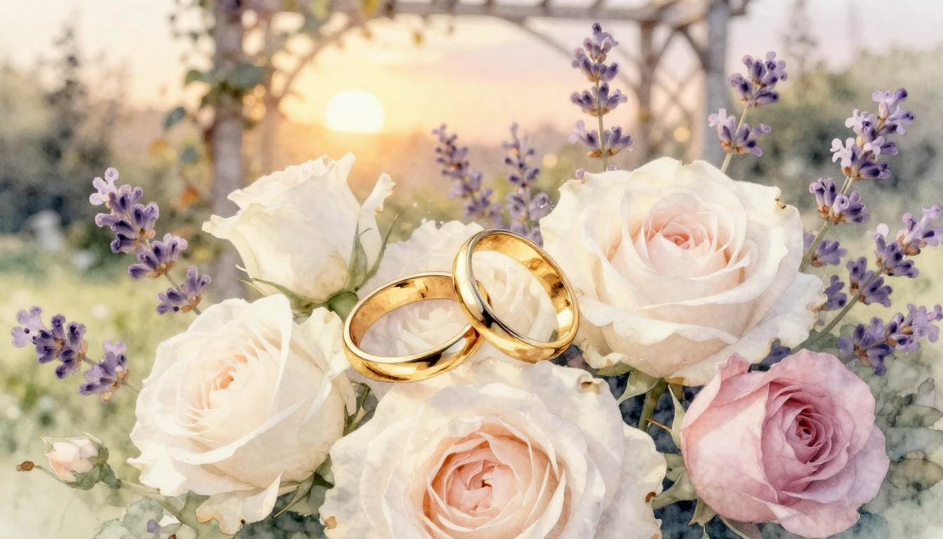 A delicate watercolor painting of two elegant gold rings res...