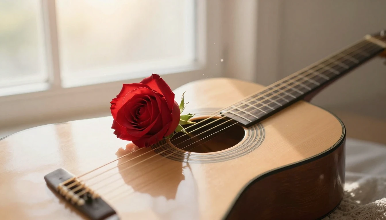 A beautiful and romantic scene showing a single red rose res...