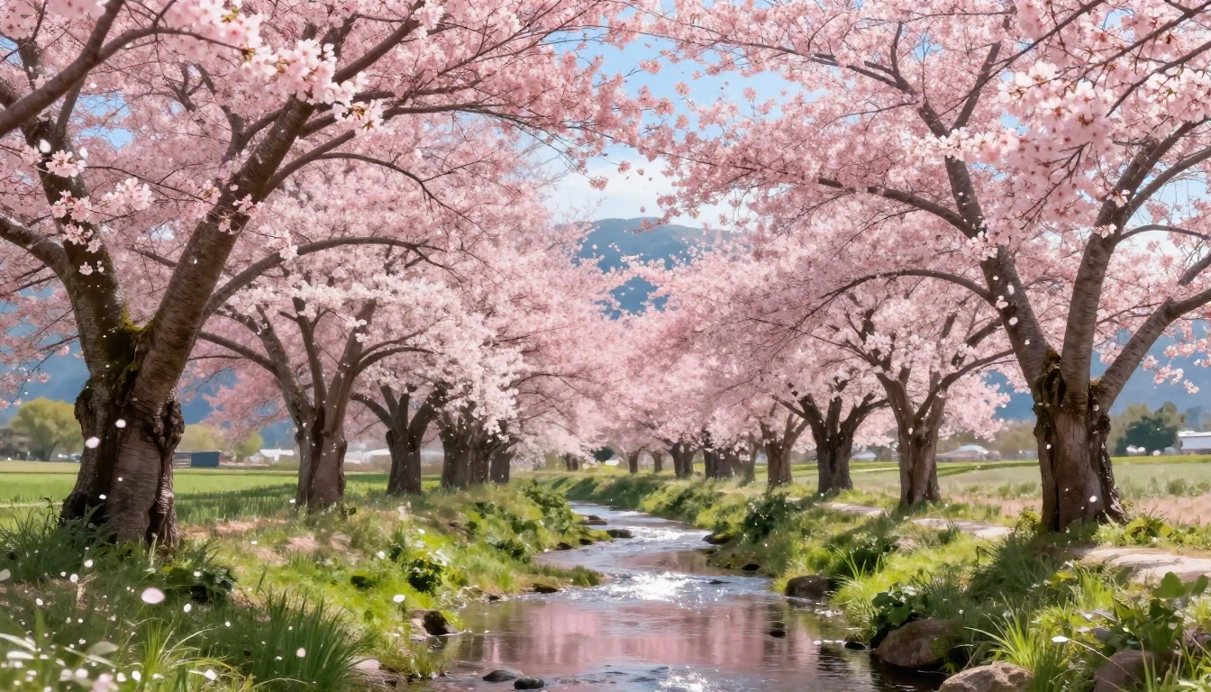 A picturesque landscape showcasing a grove of ancient cherry...