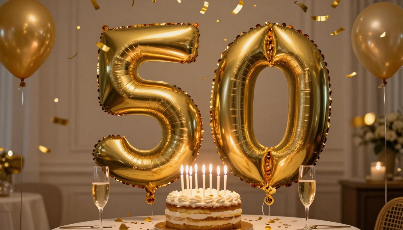 A joyful and elegant celebration scene for a 50th birthday, ...