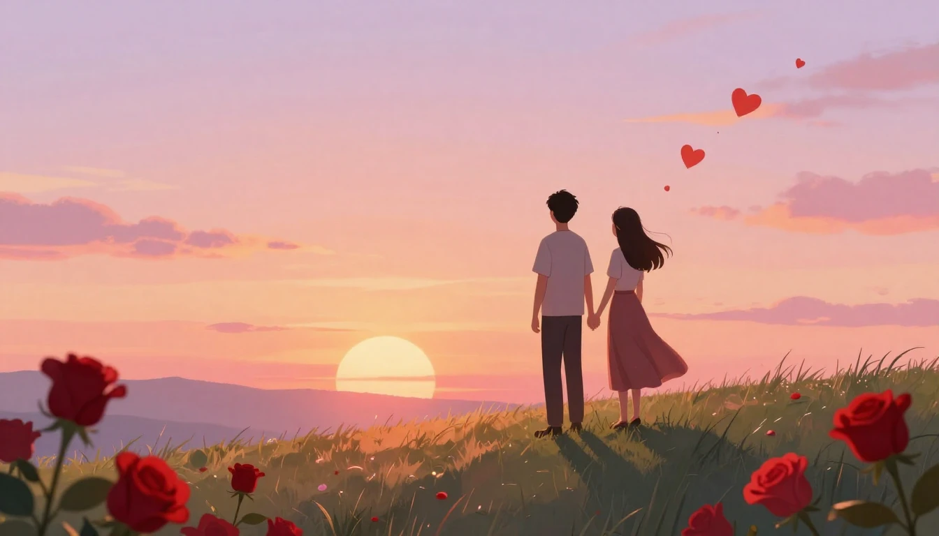 A romantic and soft illustration of a couple holding hands w...