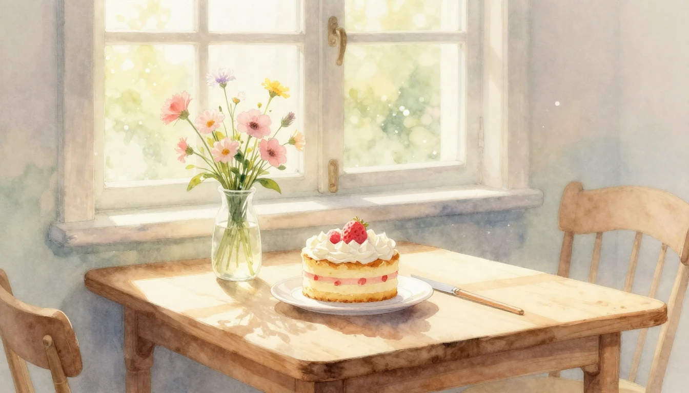 A beautiful watercolor painting of a sunlit room with a smal...