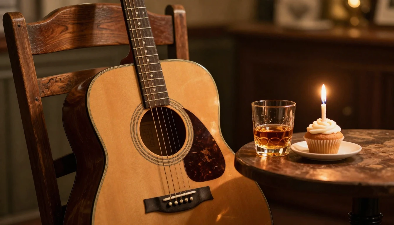 A cozy, warm scene featuring a worn acoustic guitar leaning ...