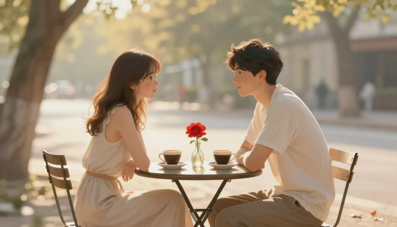 A soft and romantic scene of a couple sitting at a small, vi...