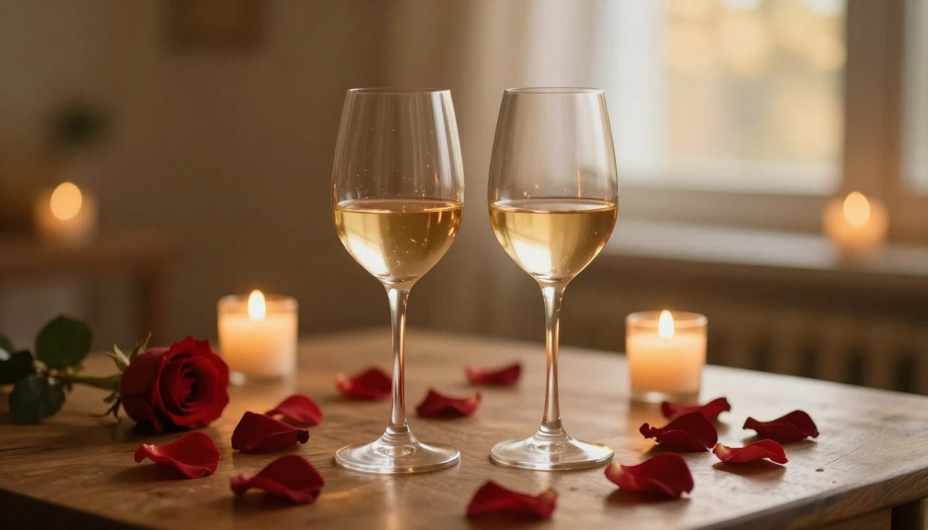 A dreamy and romantic scene featuring two elegant wine glass...