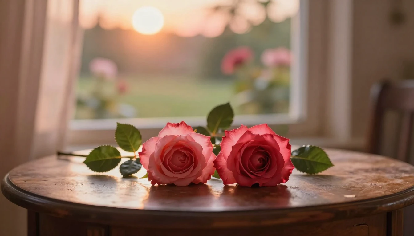 A dreamy and romantic scene featuring two delicate red roses...