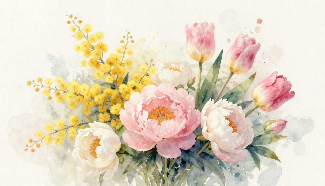 A delicate watercolor painting featuring a lush bouquet of s...