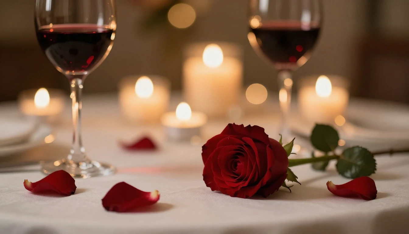 A close-up cinematic shot of a romantic dinner setting. In t...