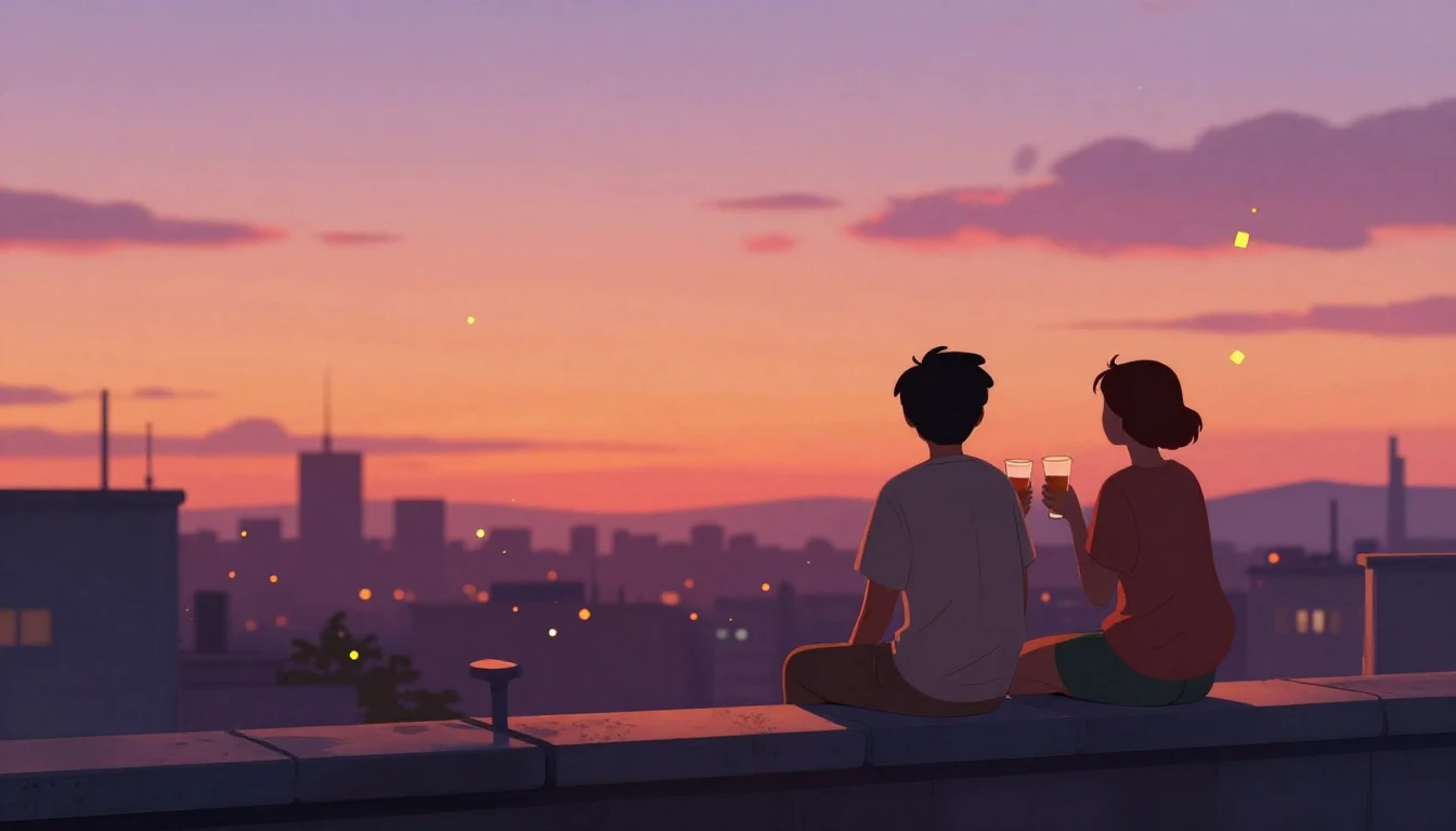 A heartwarming illustration of two friends sitting on a roof...