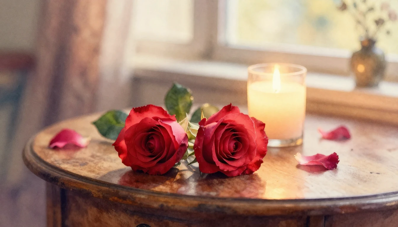 A beautiful watercolor painting of two delicate red roses re...