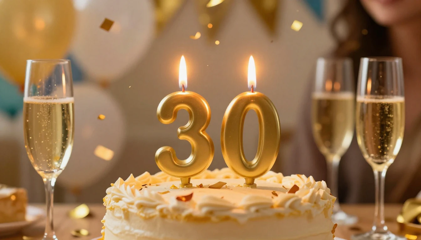 A festive and warm birthday celebration scene for a 30th bir...