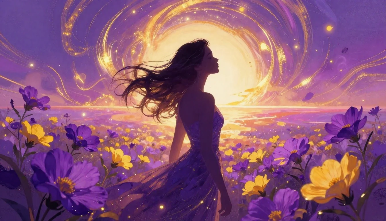 A vibrant and symbolic composition featuring a silhouette of...