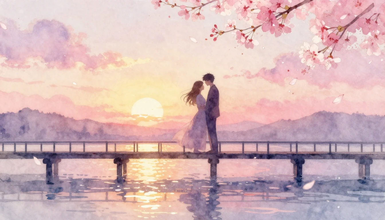 A delicate watercolor painting of two intertwined silhouette...