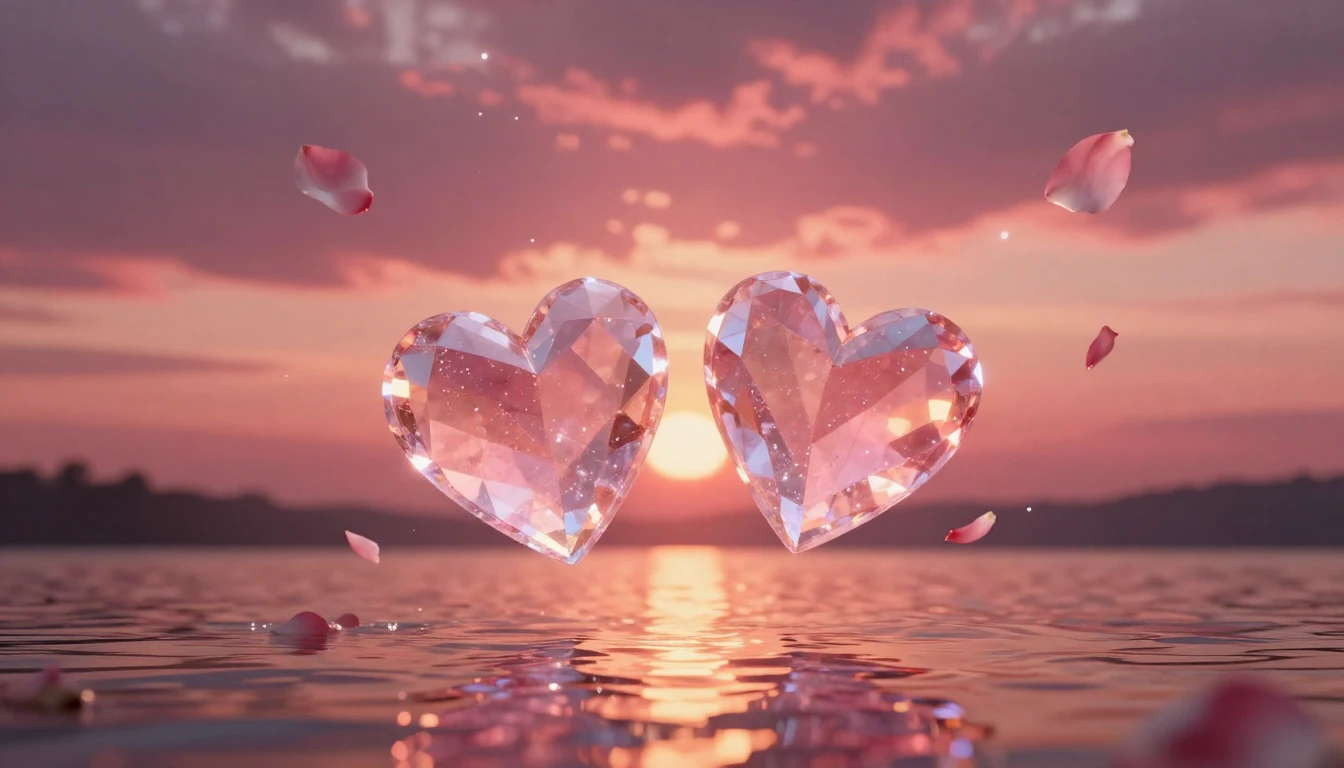 A breathtaking scene of two glowing crystalline hearts float...