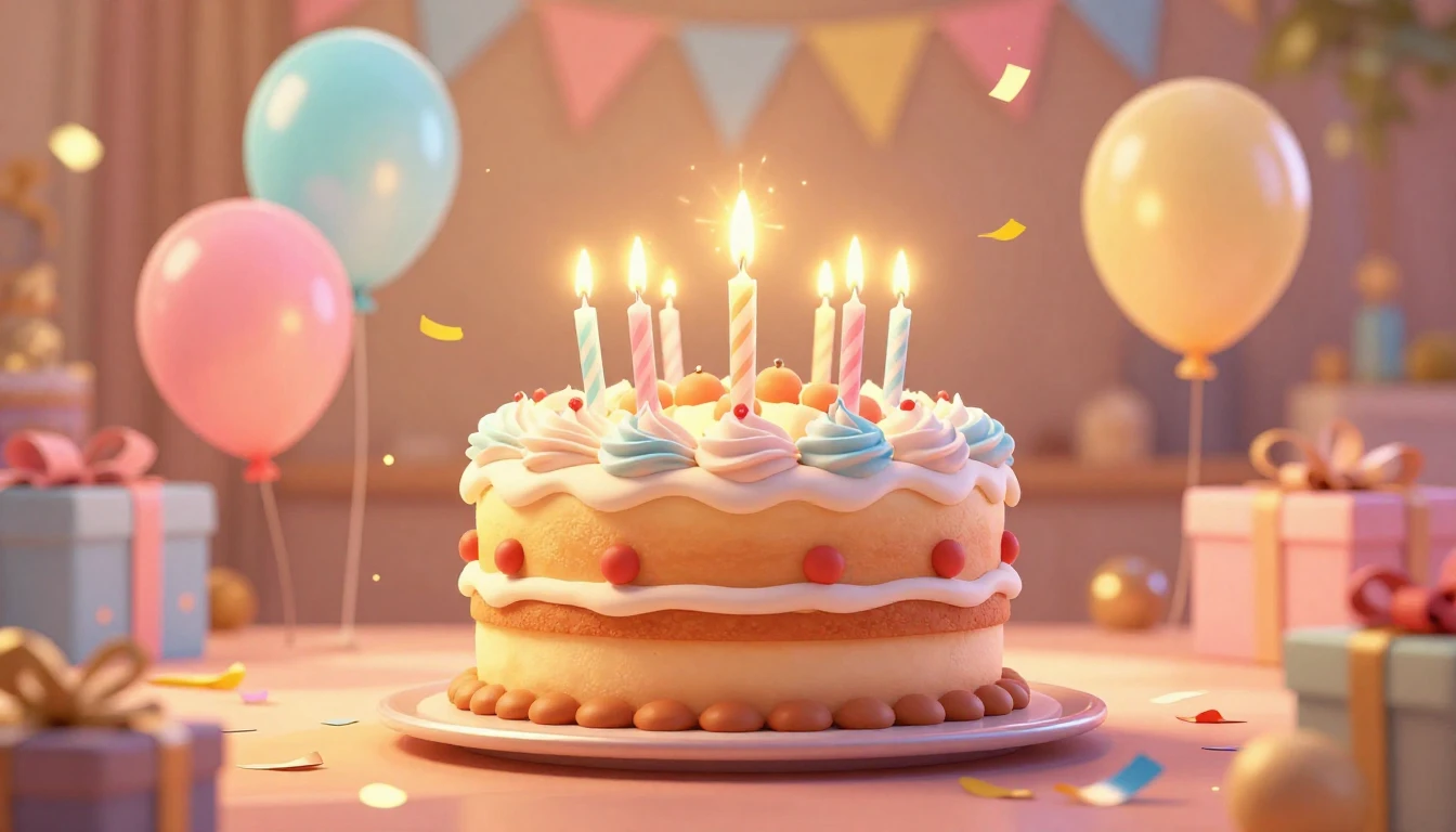 A festive and vibrant birthday party scene in a cute 3D anim...