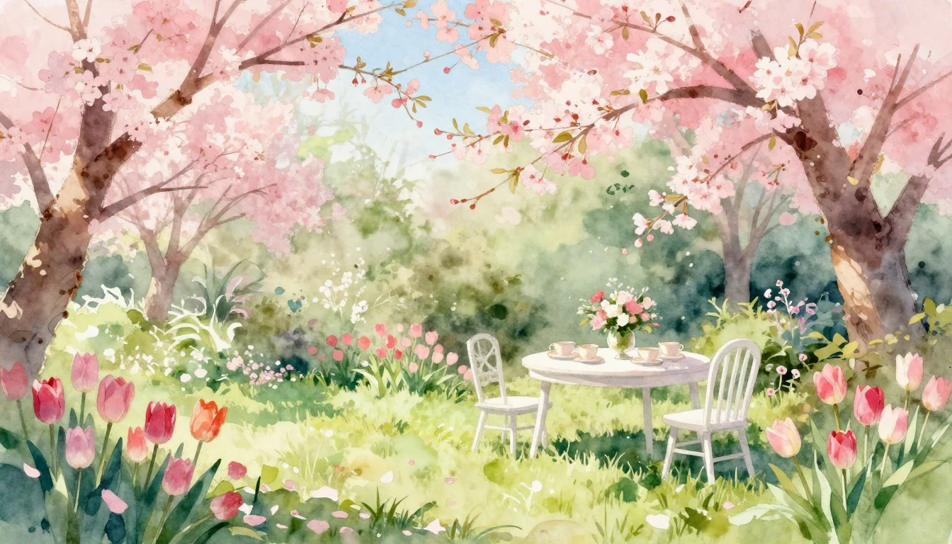 A beautiful watercolor painting of a lush spring garden duri...