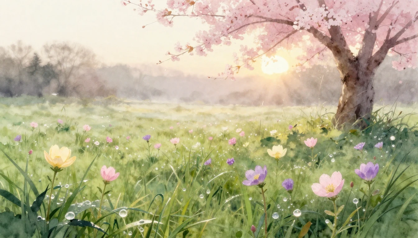 A breathtaking watercolor painting of a lush meadow at dawn....
