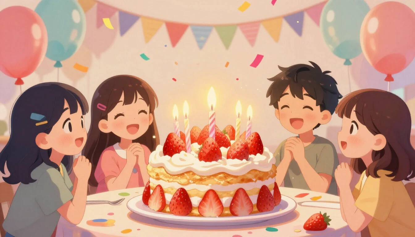 A vibrant and cheerful anime-style illustration of a birthda...