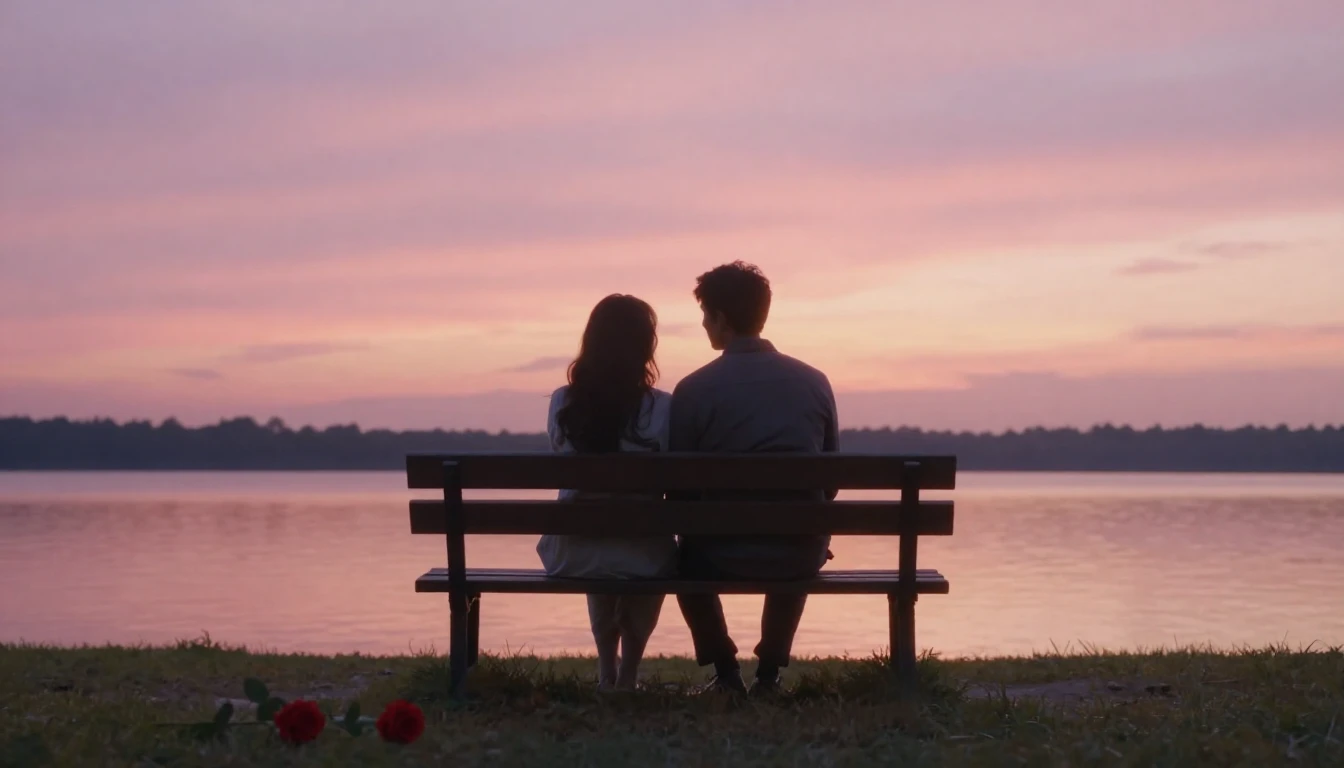 A soft and dreamy romantic scene featuring a silhouette of a...