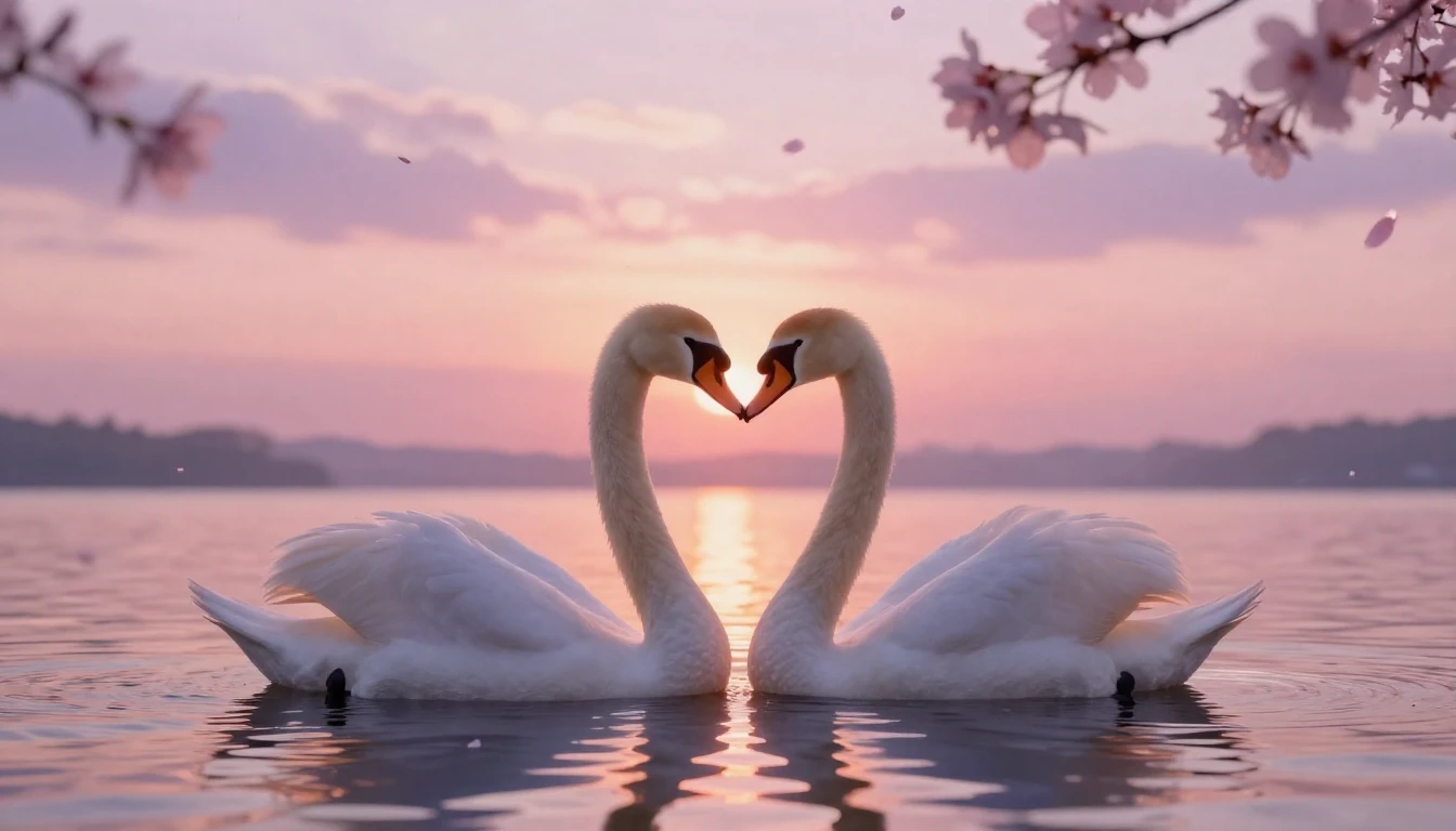 A dreamy and ethereal scene featuring two delicate swans for...
