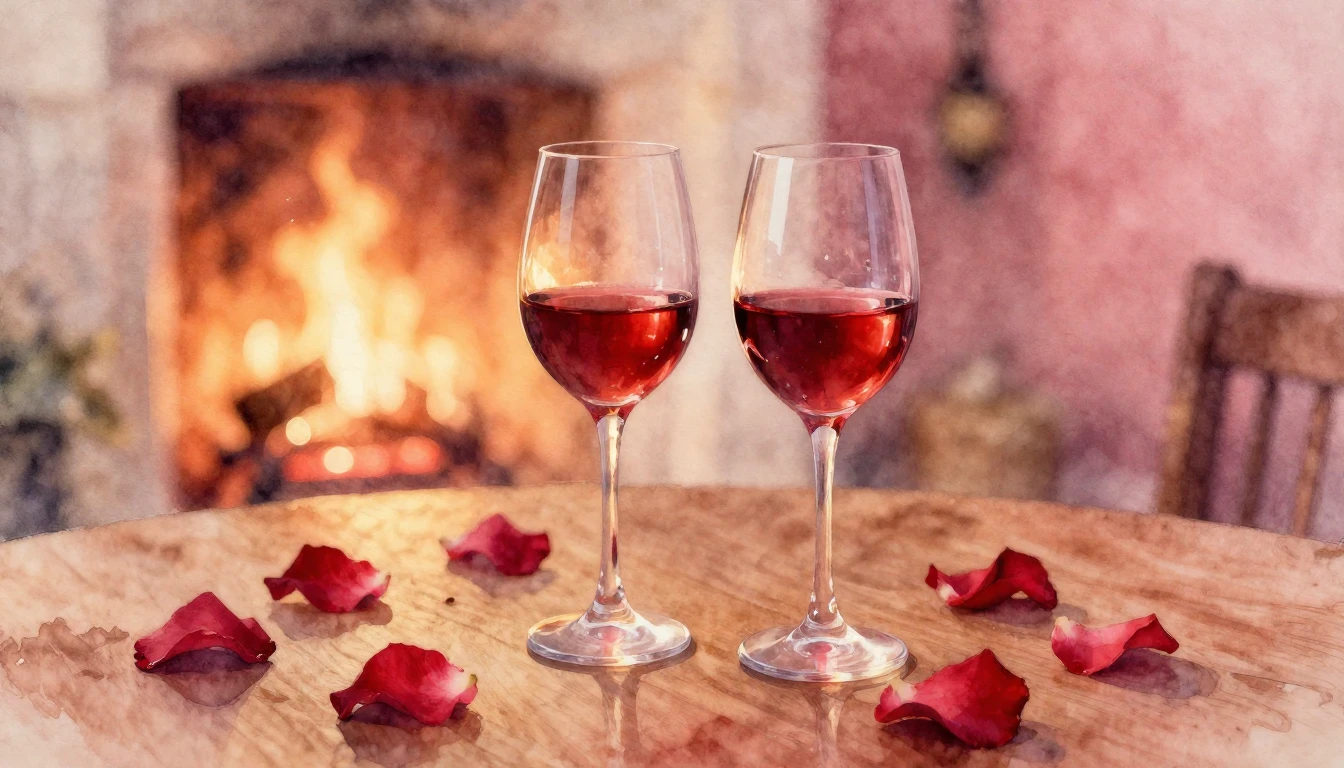 A soft watercolor painting of two elegant wine glasses on a ...