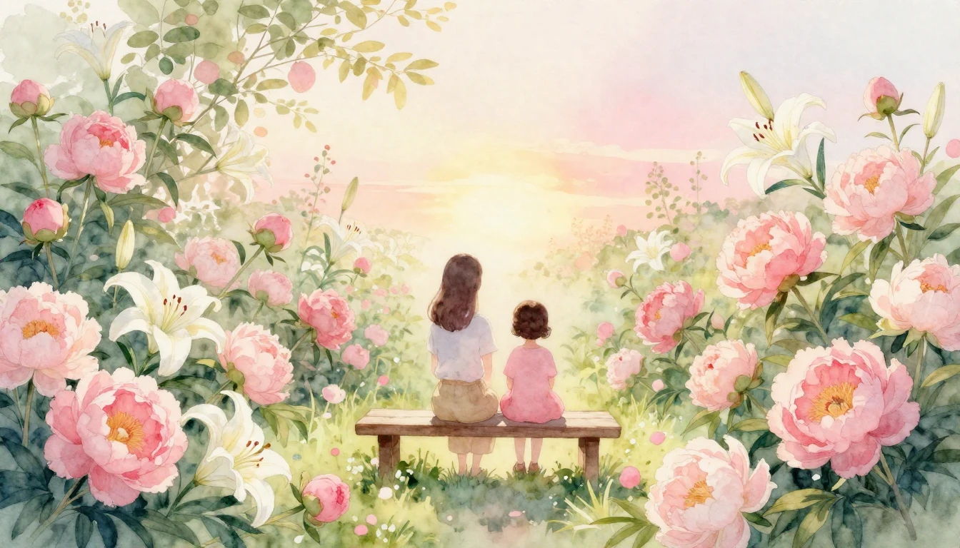 A soft watercolor painting of a blooming garden filled with ...