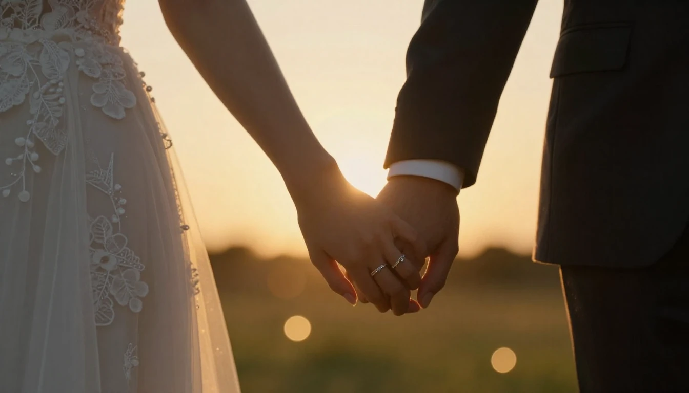 A cinematic close-up shot of a bride and groom holding hands...