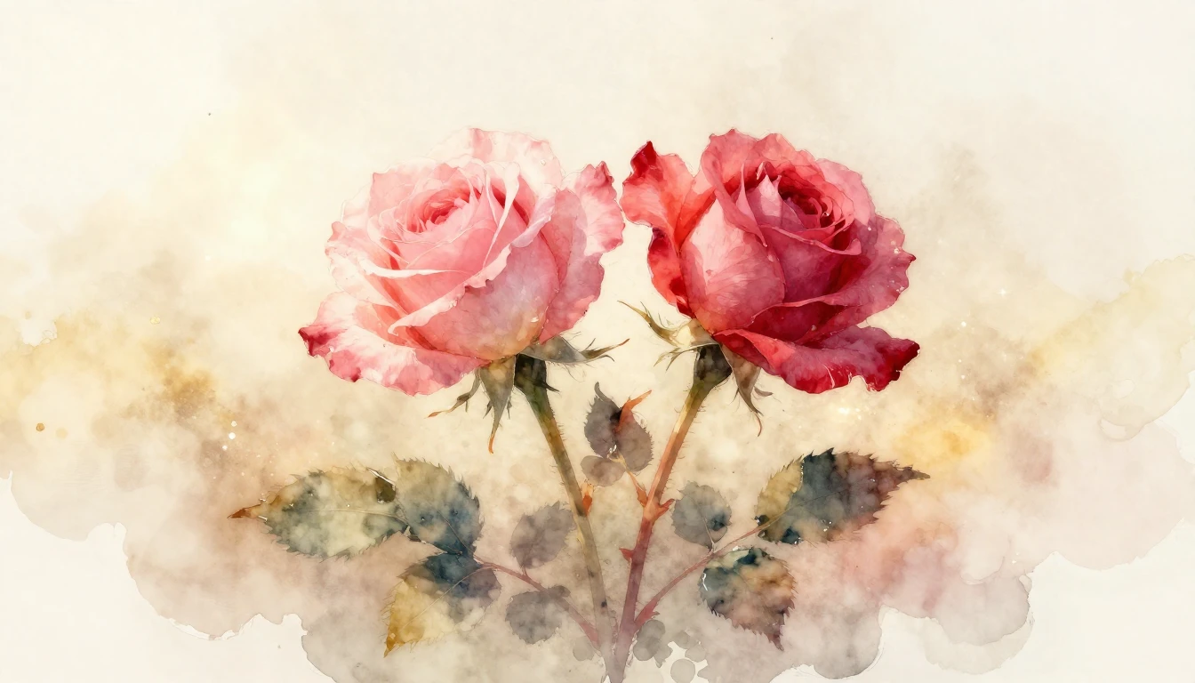 A delicate watercolor painting of two intertwined rose stems...