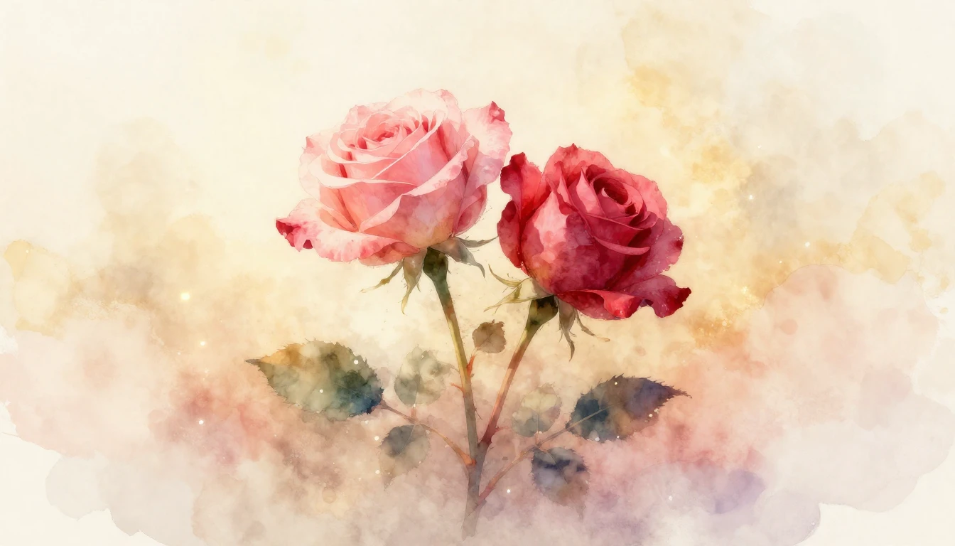 A delicate watercolor painting of two intertwined rose stems...