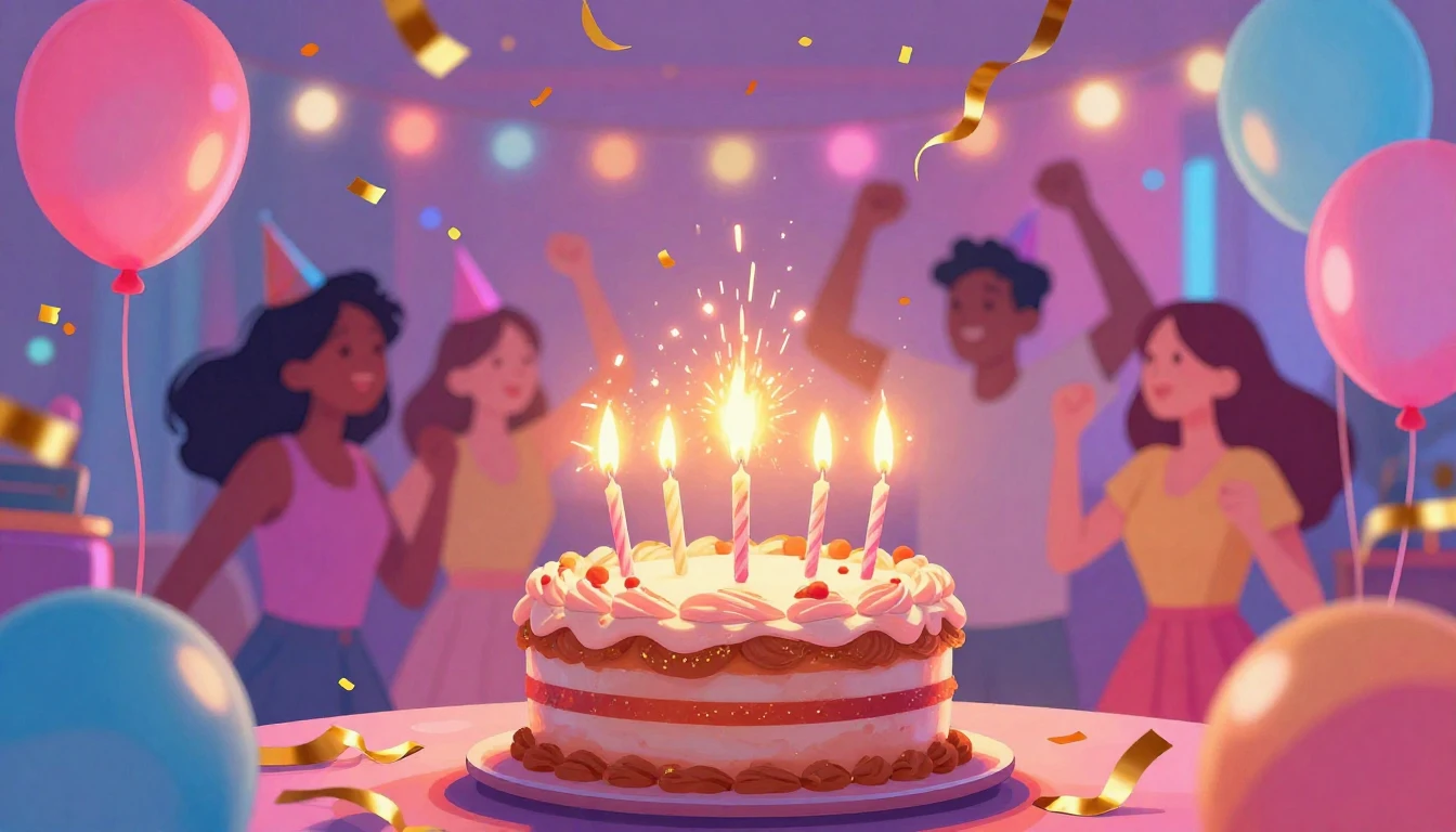A vibrant and colorful birthday party scene, digital art sty...