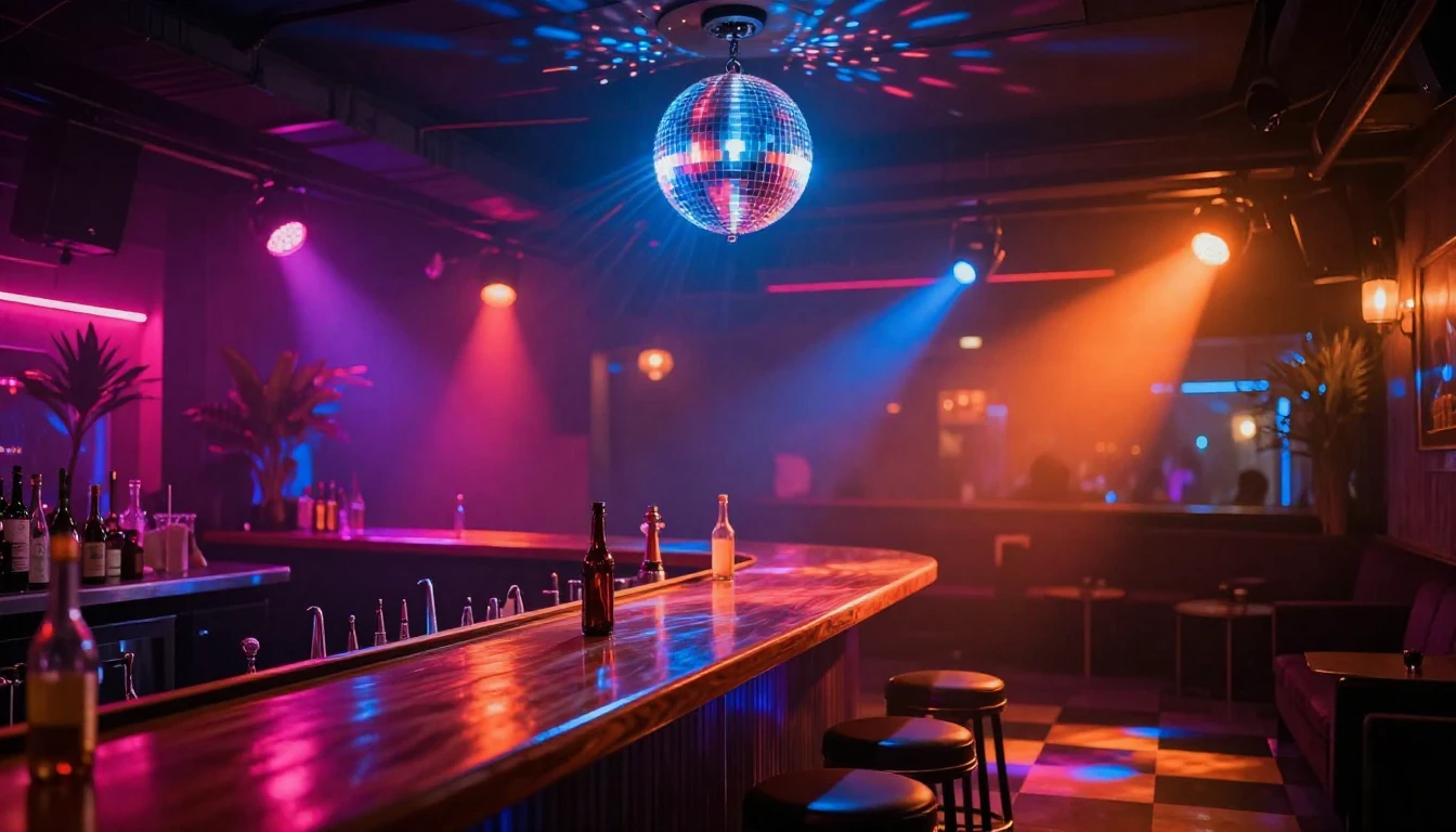 A vibrant interior of a stylish disco pub at night. The scen...