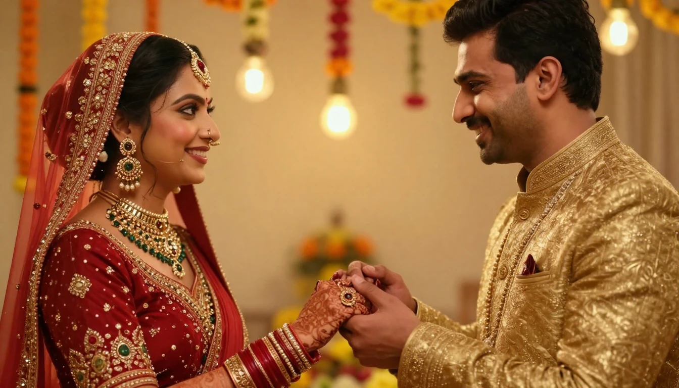 A cinematic close-up shot of a happy Indian newlywed couple ...