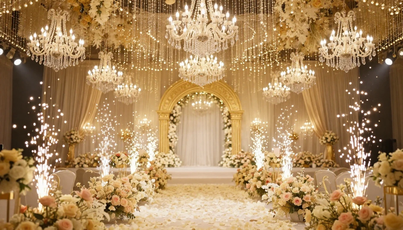 A luxurious wedding hall decorated with thousands of glowing...