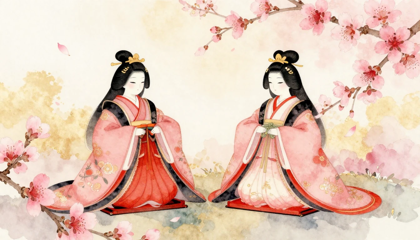 A delicate watercolor painting of traditional Japanese Hina ...