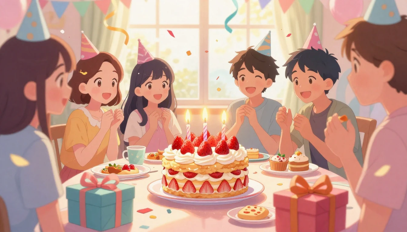 A vibrant and heartwarming anime-style illustration of a bir...