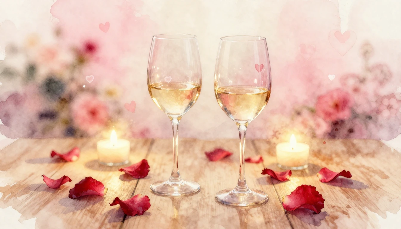 A soft watercolor painting of two elegant wine glasses sitti...