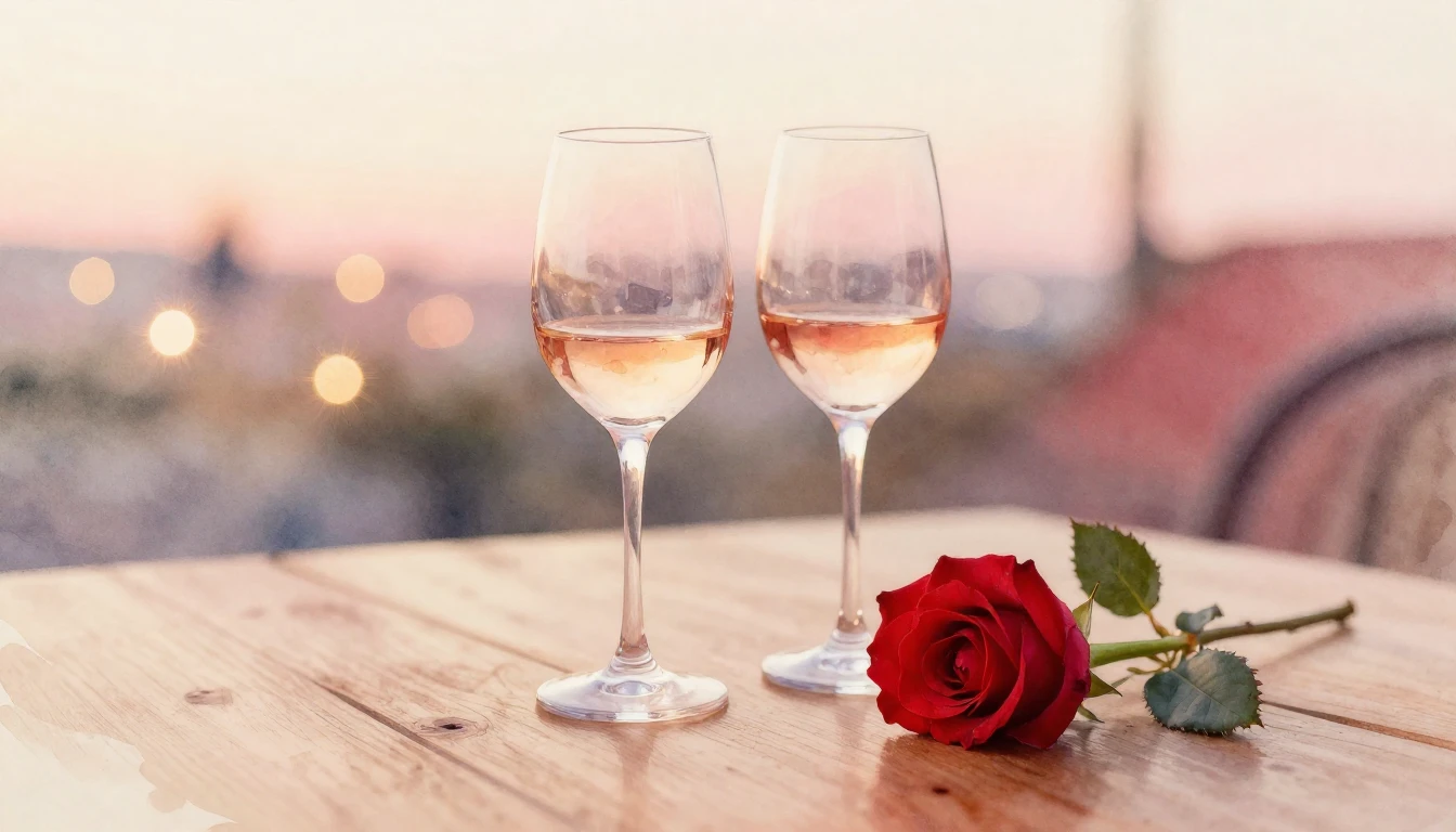 A delicate watercolor painting of two elegant wine glasses s...