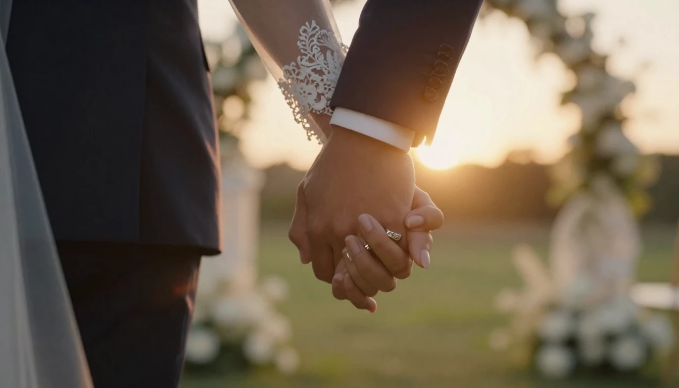 A close-up cinematic shot of a bride and groom holding hands...