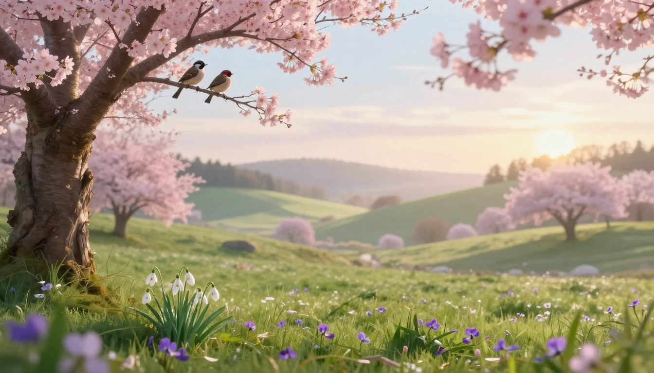 A serene spring landscape in a lush valley during sunrise. T...