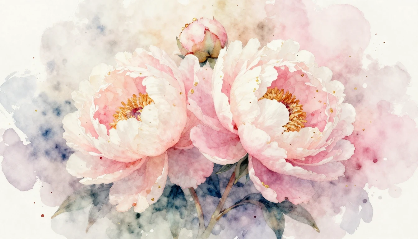 A delicate watercolor painting of two blooming peonies inter...