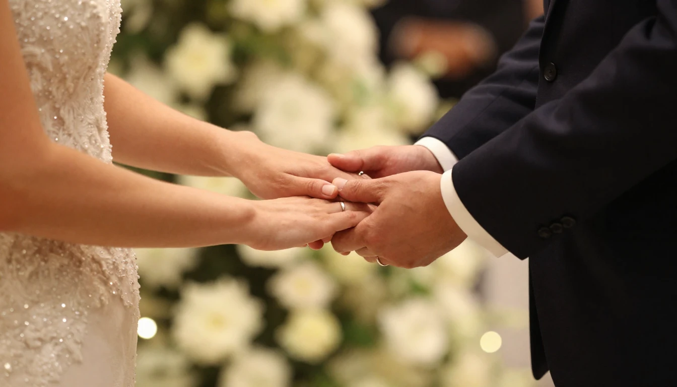 A cinematic close-up shot of a bride and groom holding hands...