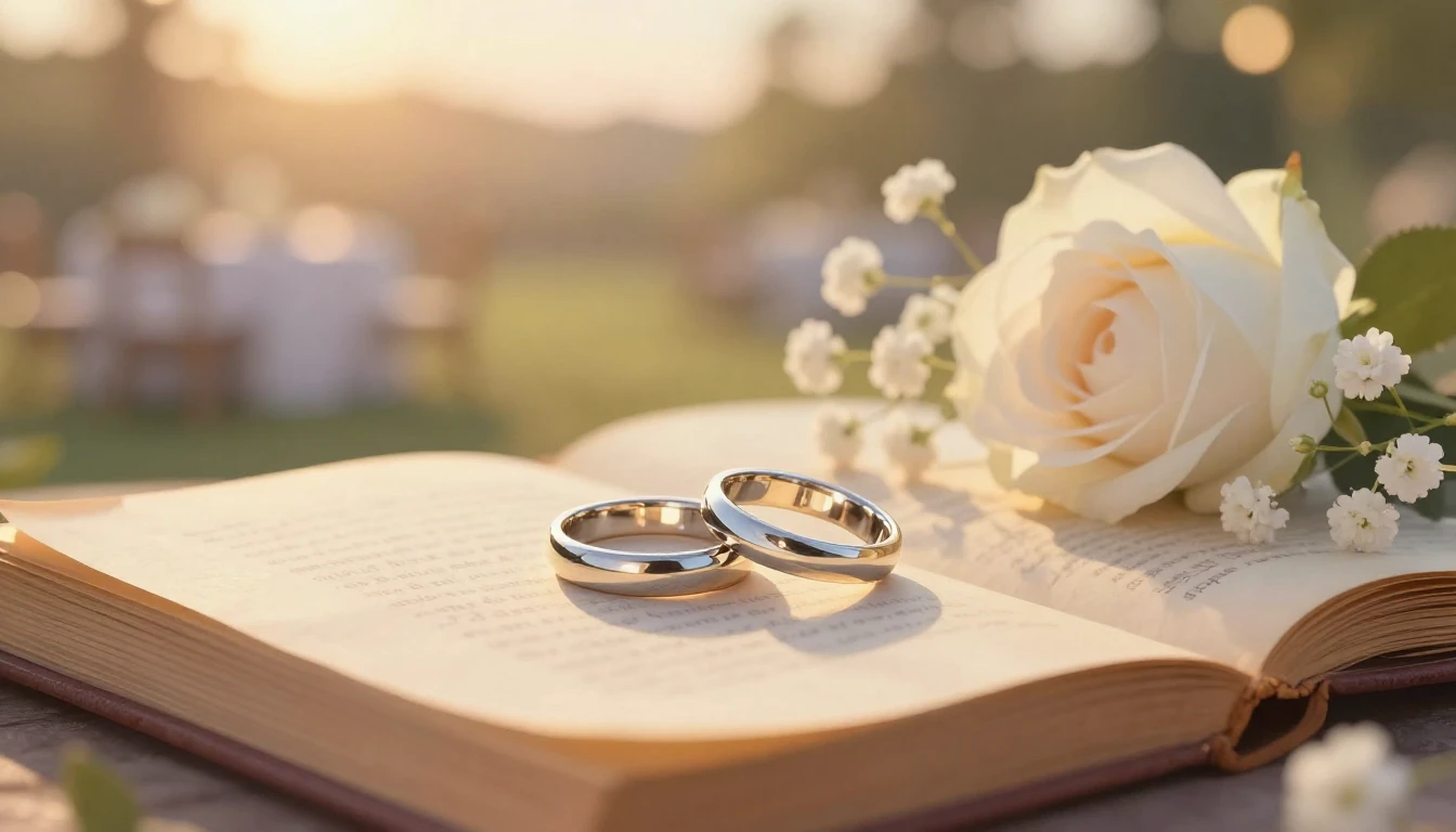 A warm and romantic close-up illustration of two wedding rin...